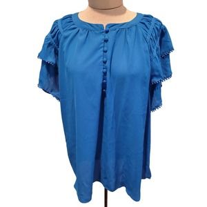 Zac And Rachel Woman Coquette Cottage Blue Lightweight Ruffled Top Size 2X